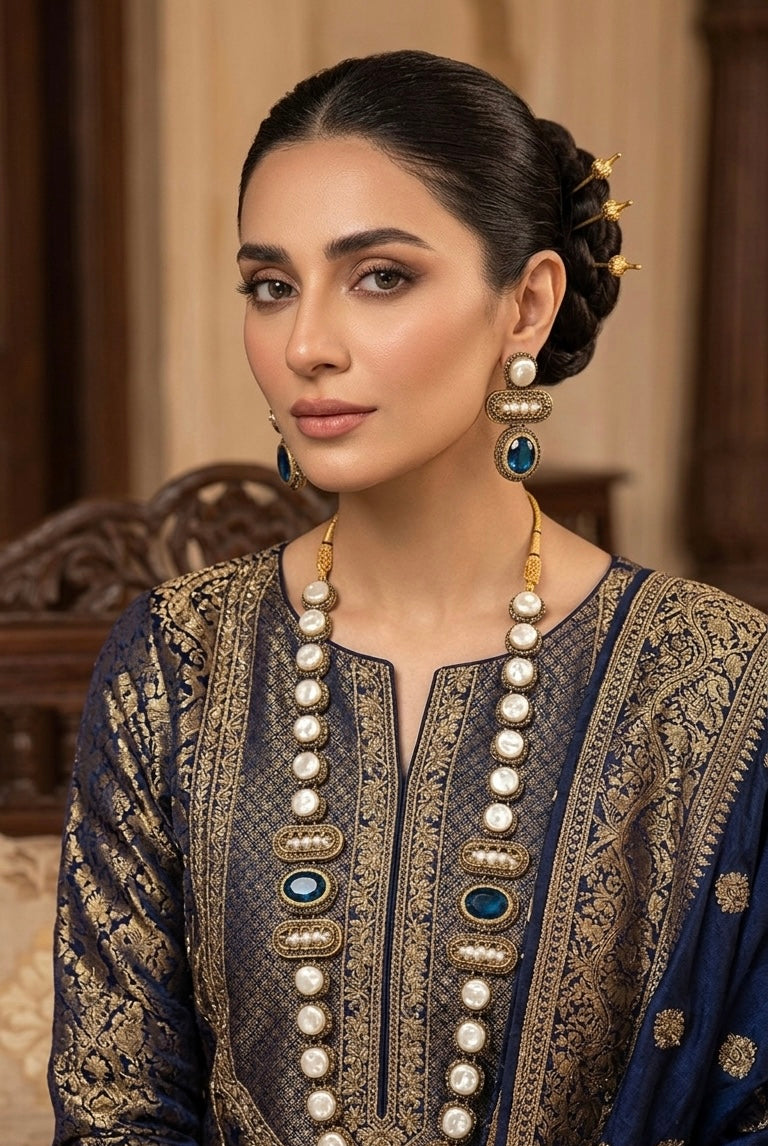 Midnight pearl sapphire statement necklace set JW338 - Pakistani women's luxury bridal jewelry with deep sapphire blue stones and gold finish front view