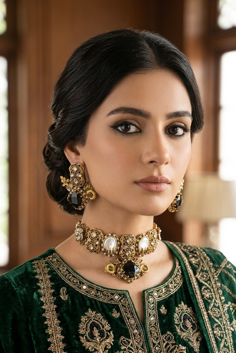 Vintage onyx pearl choker necklace set JW279 - Pakistani women's luxury bridal jewelry with black onyx stones and antique gold finish front view