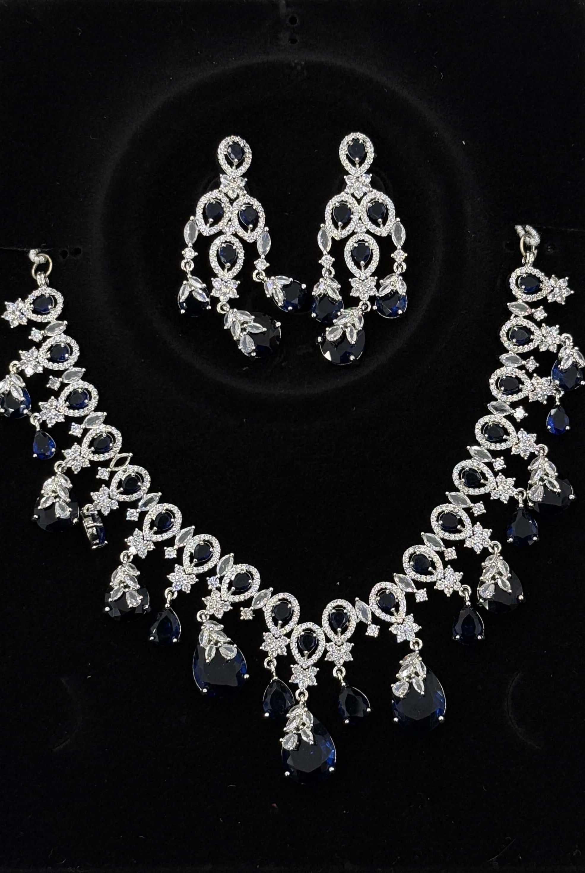 Pakistani women's midnight blue drop necklace set side view