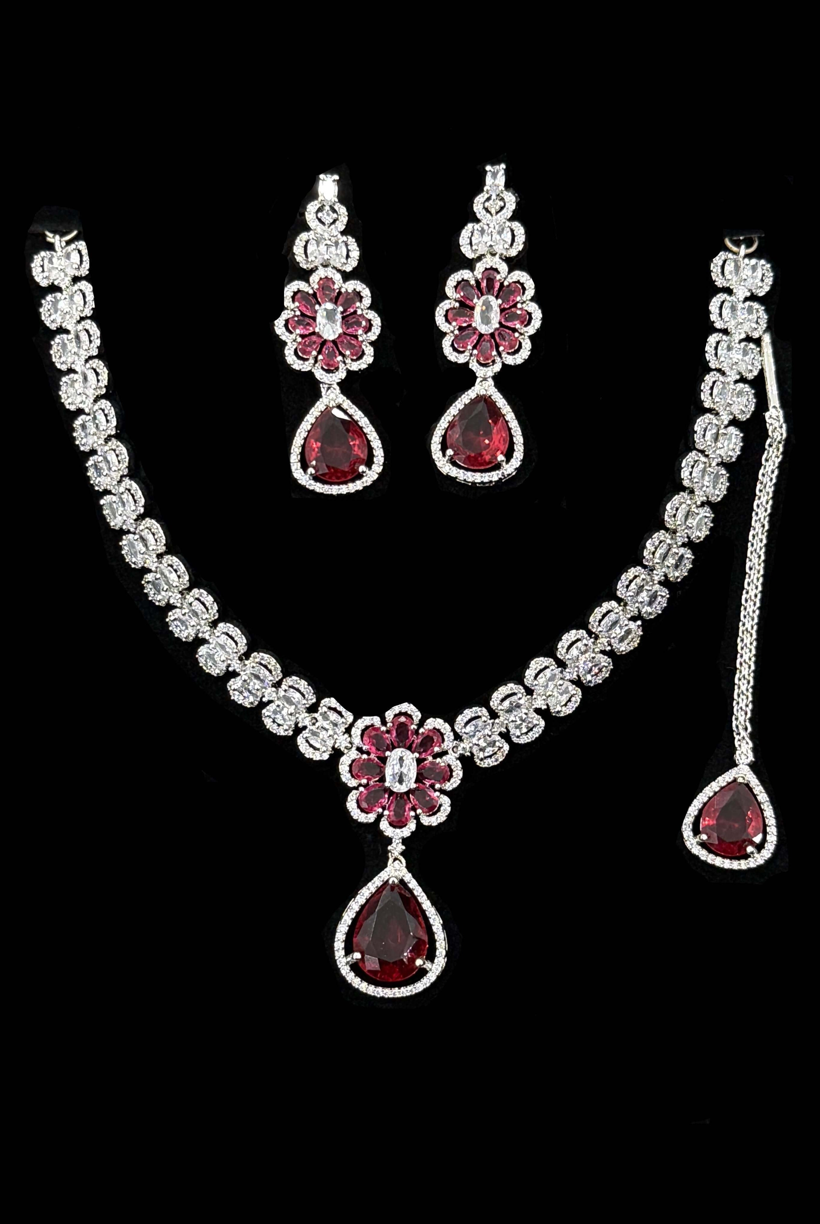Pakistani women's ruby drop necklace set side view