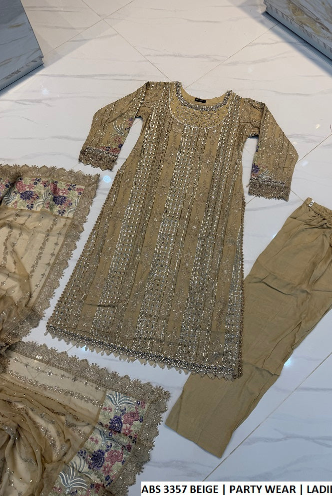 Pakistani women's beige chiffon straight shirt back view