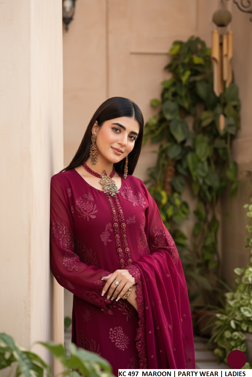 Maroon silk Pakistani women's long A-Line shirt with plazo side view
