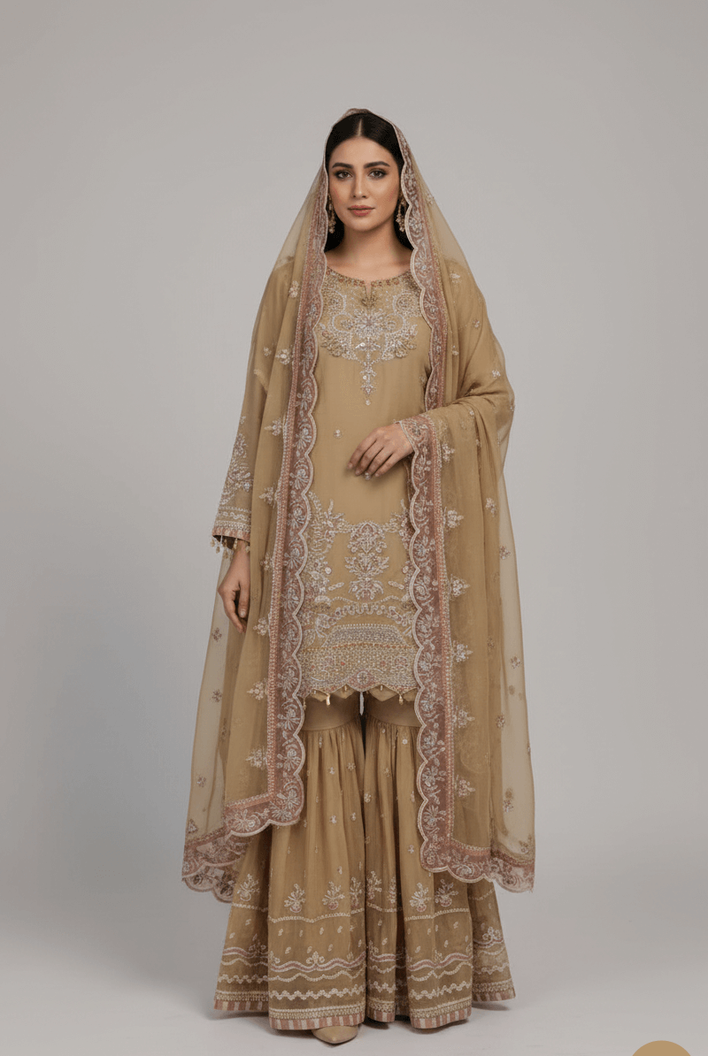 Chiffon short shirt sharara skin - Pakistani women's festive party wear with chiffon dupatta front view