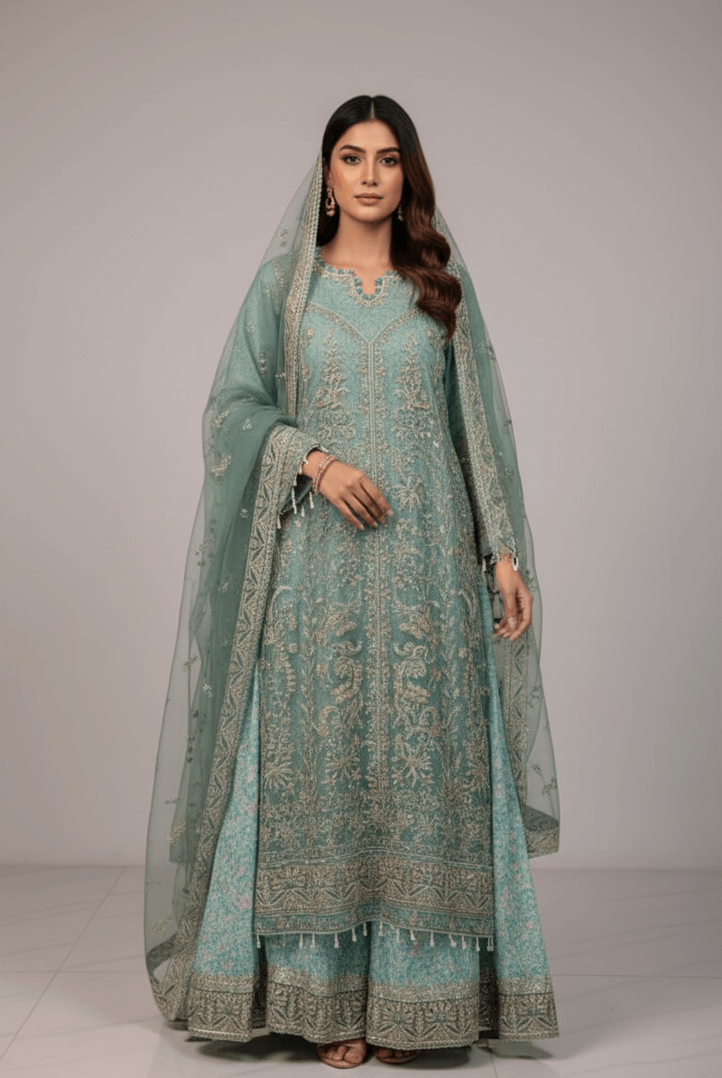 Organza long frock ferozi - Pakistani women's luxury formal wear with viscose trouser and organza dupatta front view