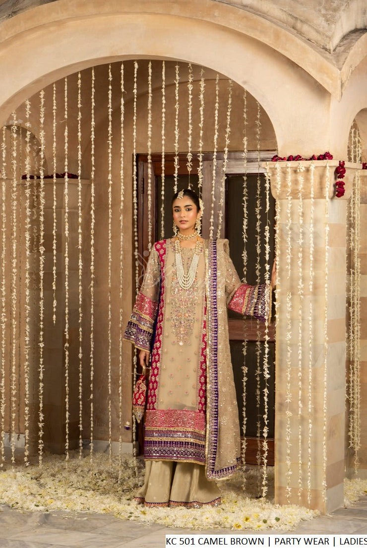 Chiffon long shirt camel brown - Pakistani women's elegant formal wear with viscose trouser and chiffon dupatta front view