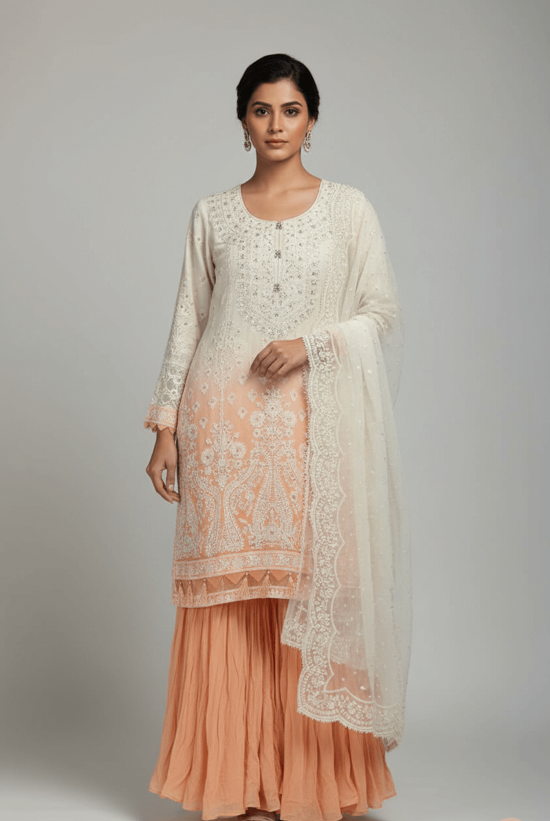 Chiffon shirt garara off white - Pakistani women's festive party wear with chiffon dupatta front view