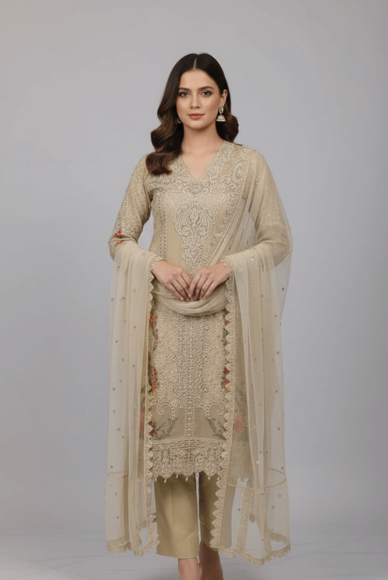 Chiffon straight shirt skin - Pakistani women's party wear with viscose trouser and chiffon dupatta front view