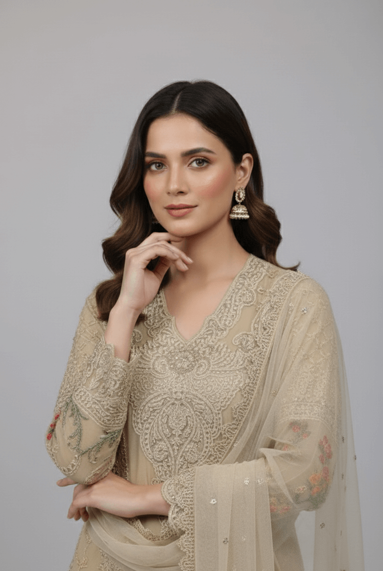 Pakistani women's skin chiffon straight shirt back view