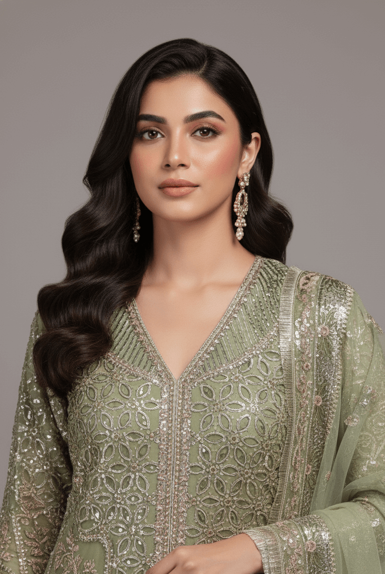 Pista green organza Pakistani women's open shirt side view