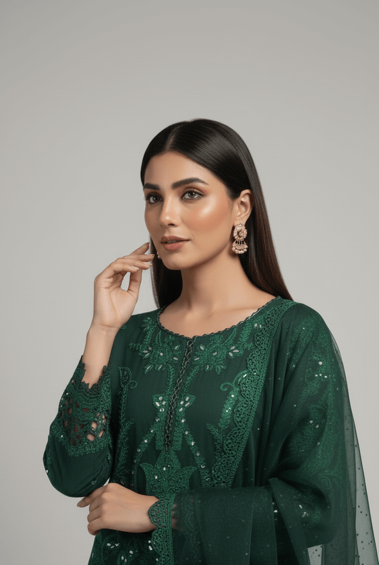 Pakistani women's bottle green chiffon straight shirt detail view