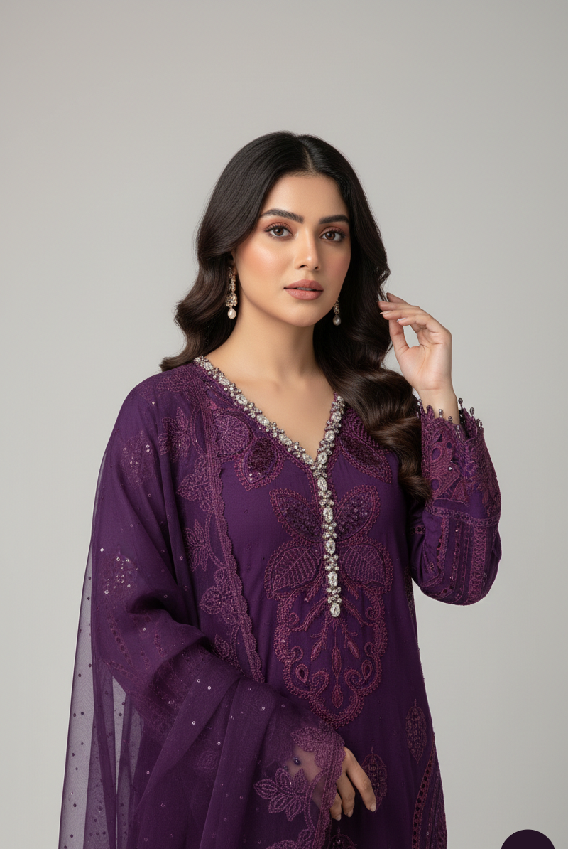 Purple chiffon Pakistani women's straight shirt side view