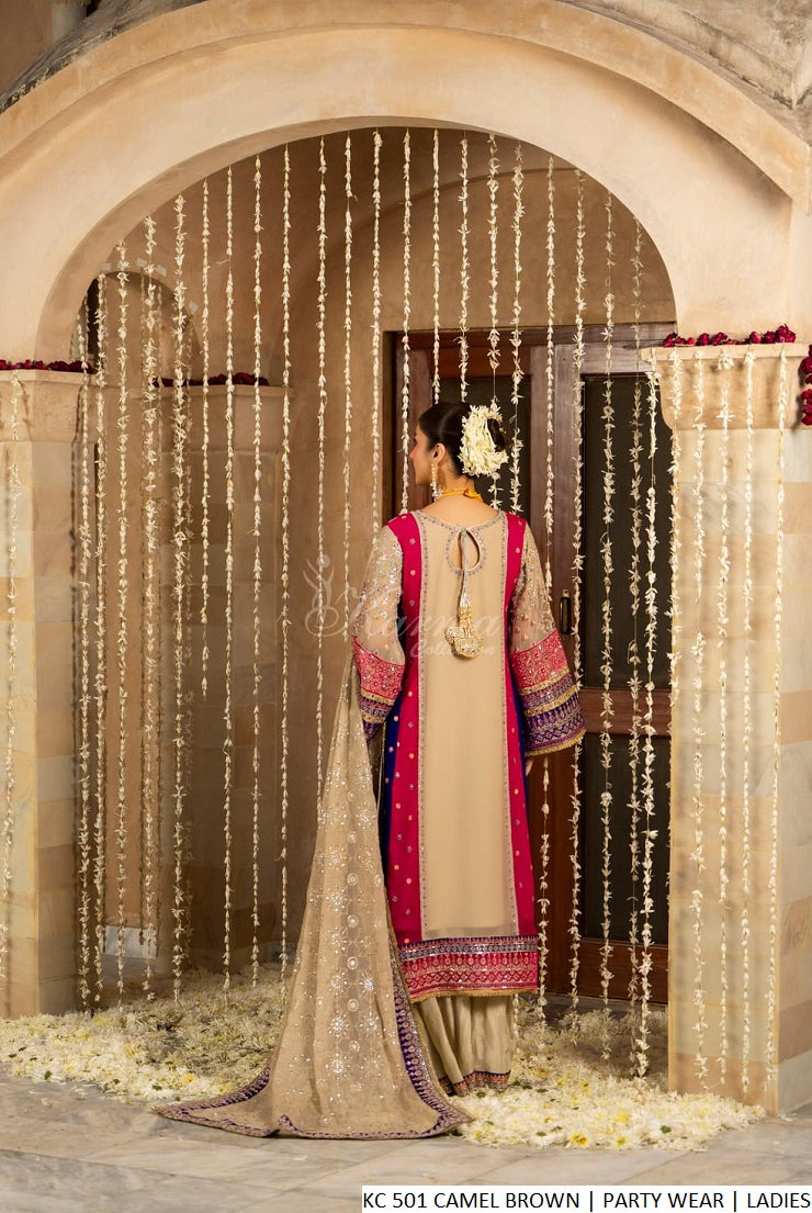 Pakistani women's camel brown chiffon long shirt back view