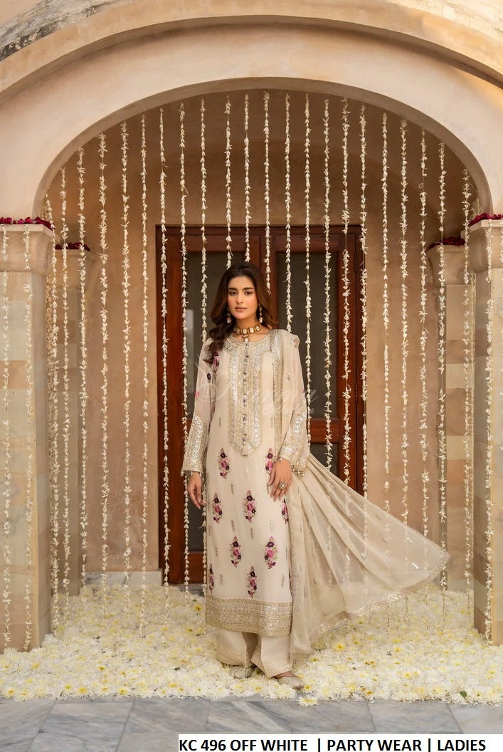 Pakistani women's off white silk long kaftan plazo back view