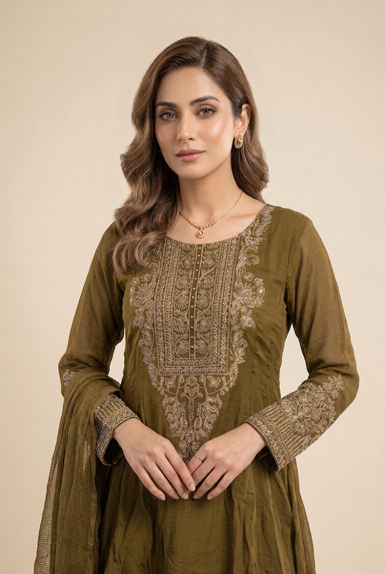 Mehendi green chiffon Pakistani women's short frock side view