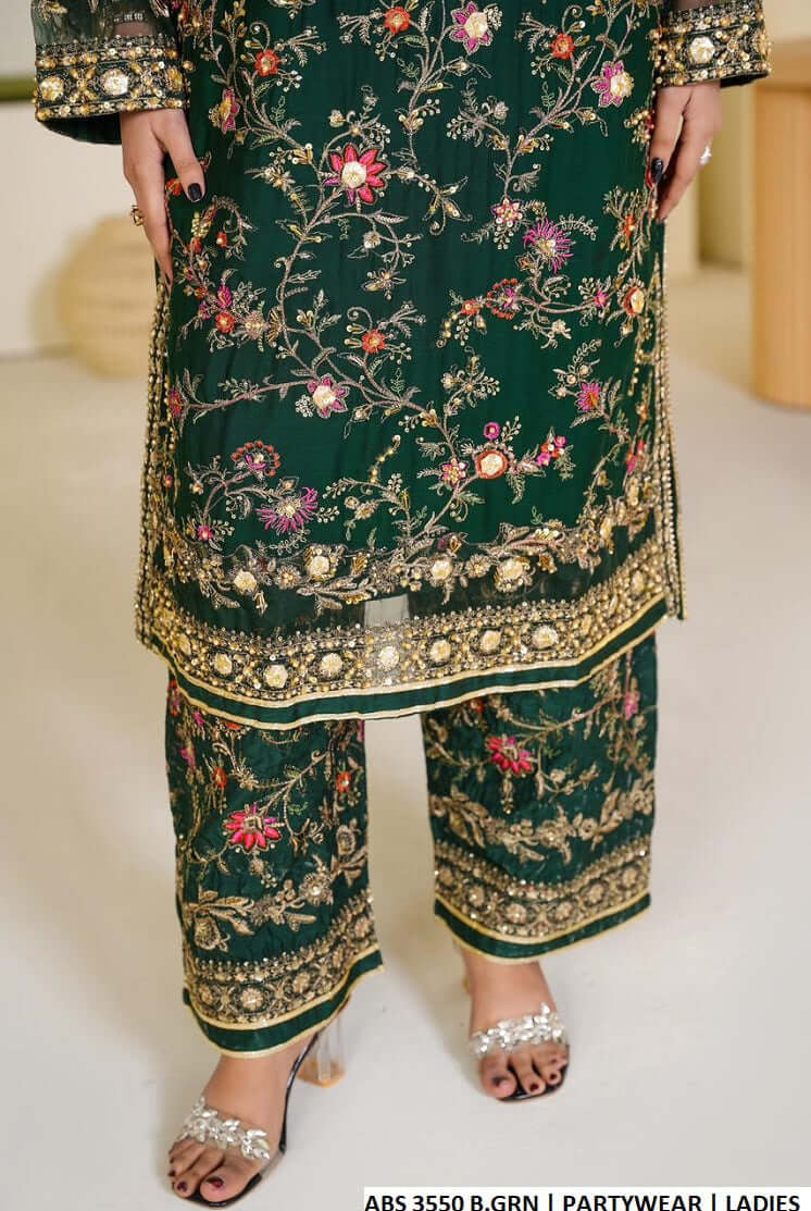 Pakistani women's bottle green chiffon straight shirt back view
