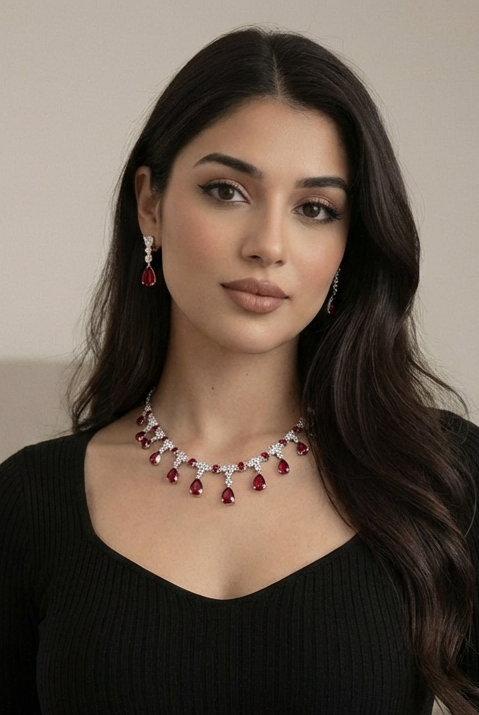 Ruby radiance luxury necklace and earrings set - Pakistani women's luxury bridal jewelry with ruby red teardrop stones front view