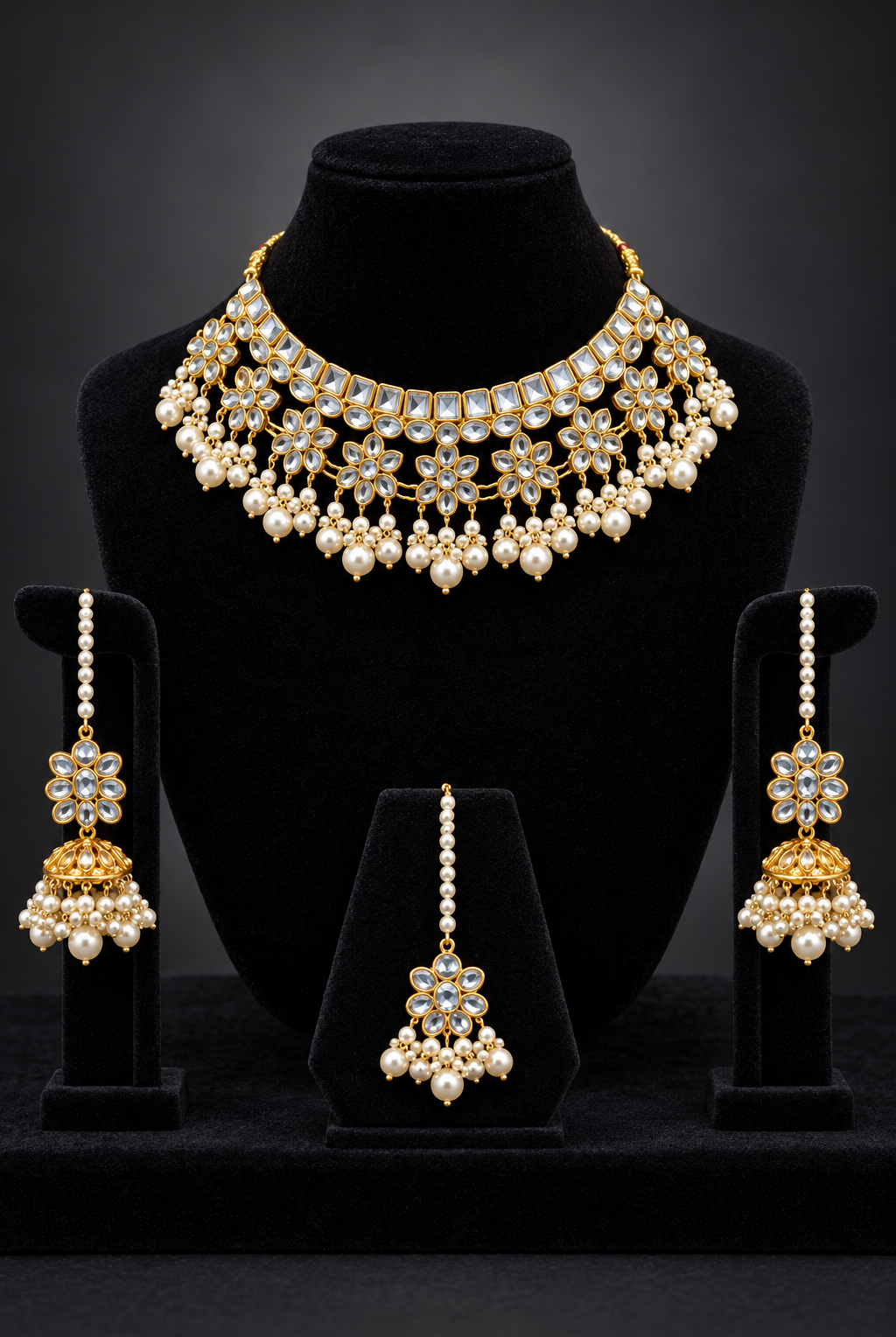 JW385 – Floral Kundan-Style Jewellery Set with Pearl Drops