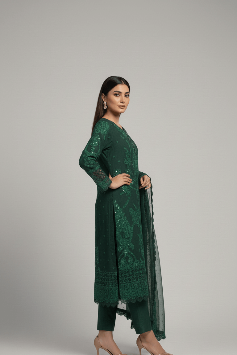 Pakistani women's bottle green chiffon straight shirt back view