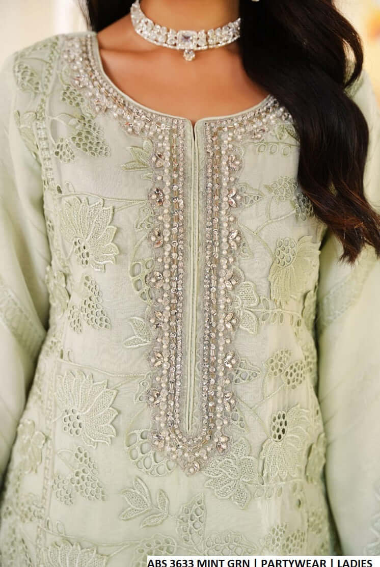 Pakistani women's mint green organza straight shirt plazo detail view