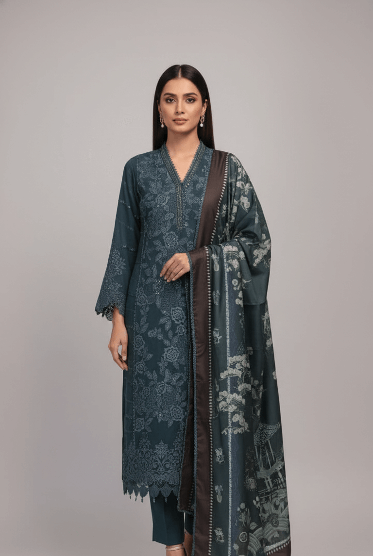 Deep chiffon straight shirt - Pakistani women's elegant formal wear with chiffon trouser and digital silk dupatta front view