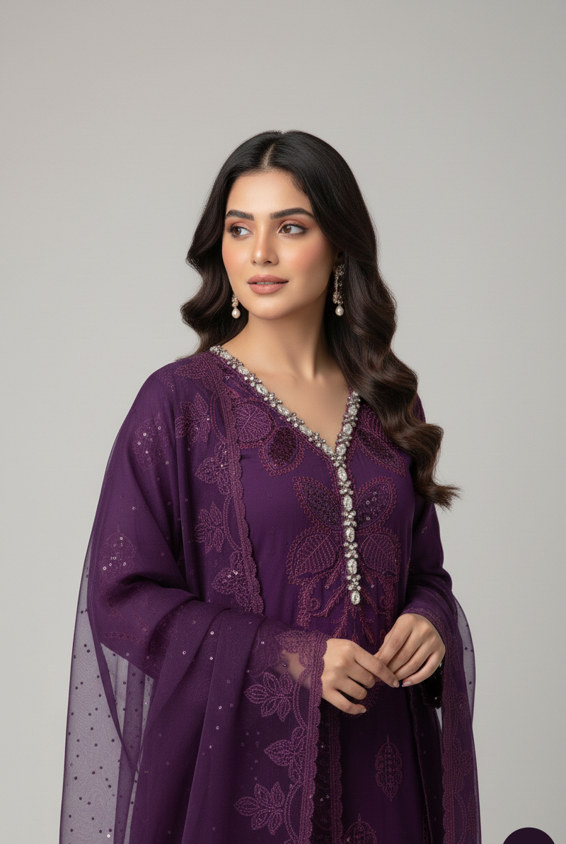 Pakistani women's purple chiffon straight shirt back view