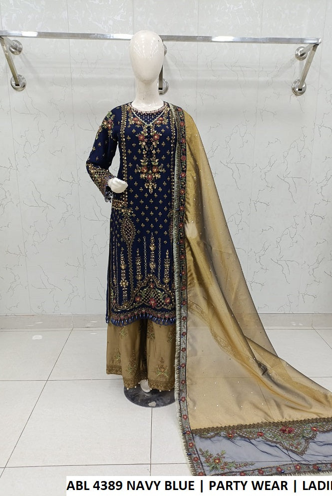 Chiffon shirt plazo ABL 4389 NAVY BLUE - Pakistani women's elegant outfit with viscose plazo and organza dupatta front view