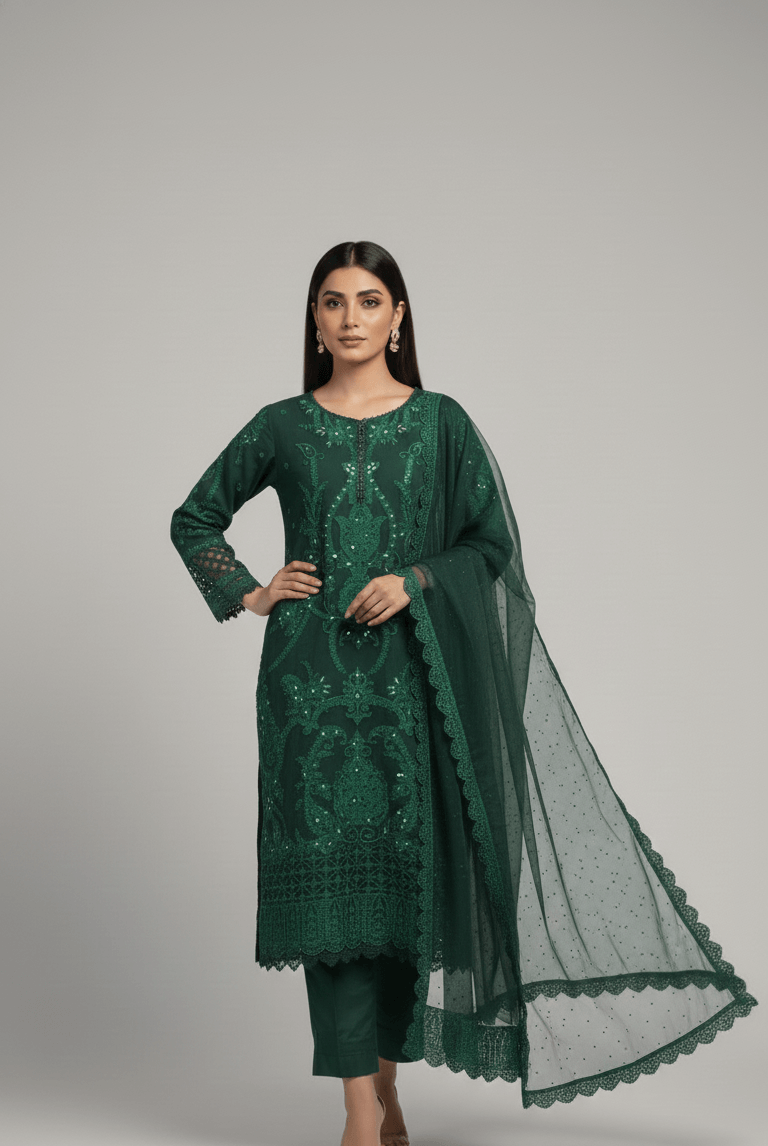 Chiffon straight shirt bottle green - Pakistani women's elegant formal wear with viscose trouser and chiffon dupatta front view