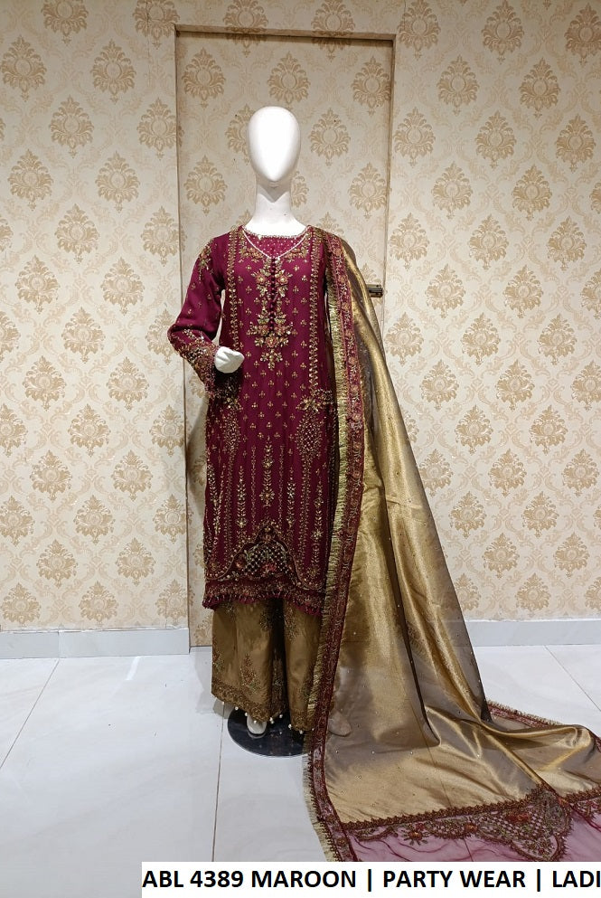 Pakistani women's maroon chiffon shirt plazo outfit back view