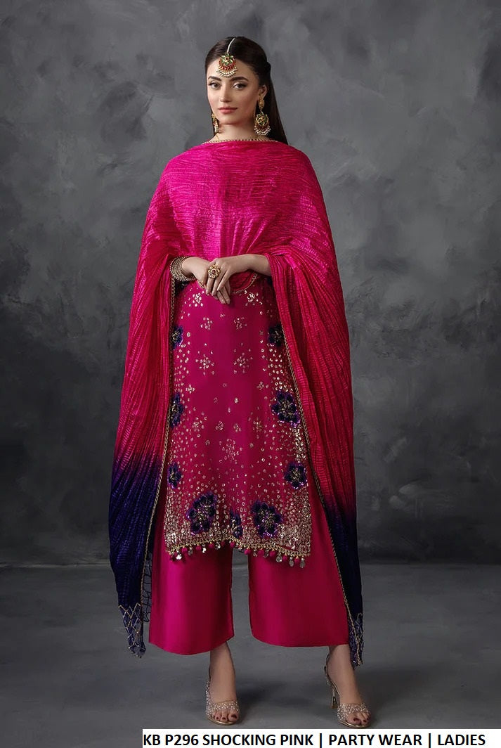 Pakistani women's shocking pink crinkle chiffon embellished shirt back view