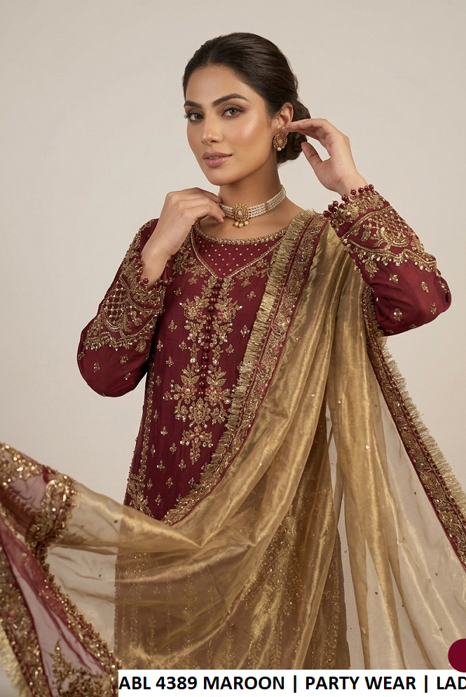 Maroon chiffon Pakistani women's shirt with viscose plazo side view