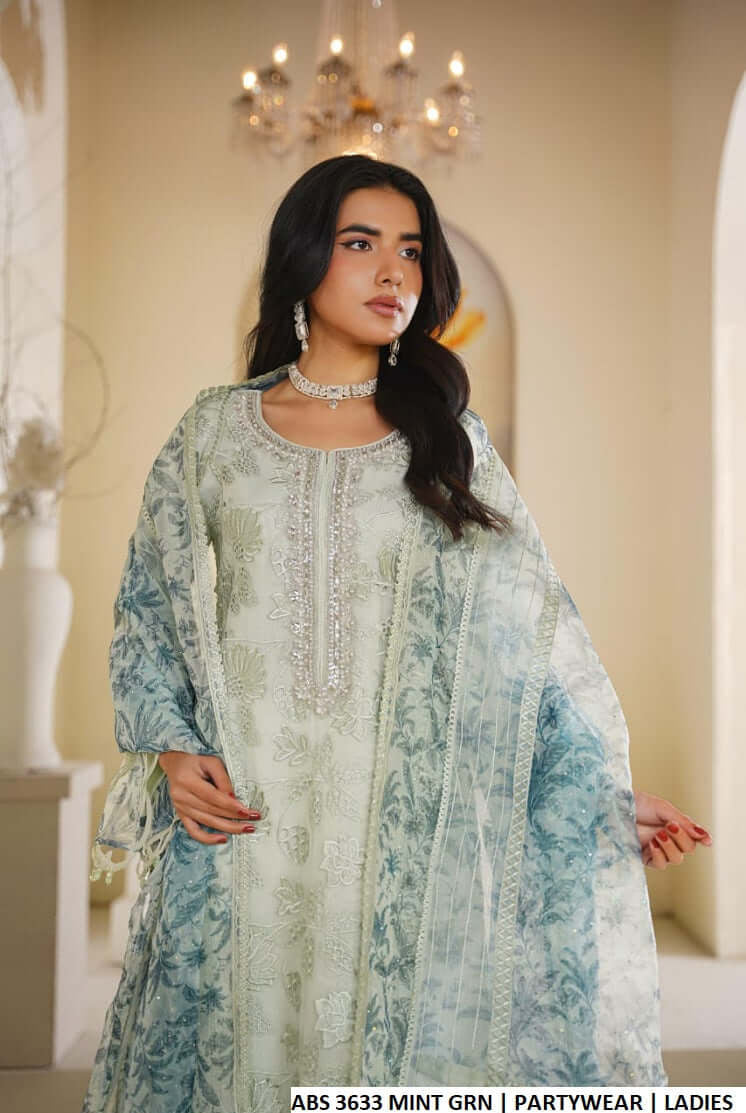 Mint green organza Pakistani women's straight shirt with plazo side view
