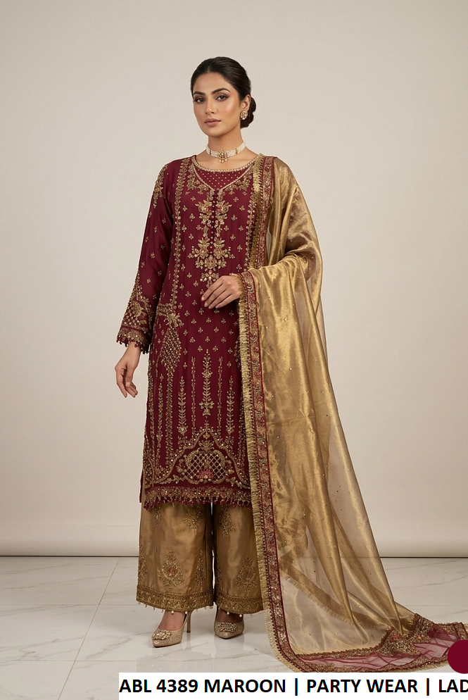 Chiffon shirt plazo maroon - Pakistani women's elegant party wear with viscose plazo and organza dupatta front view