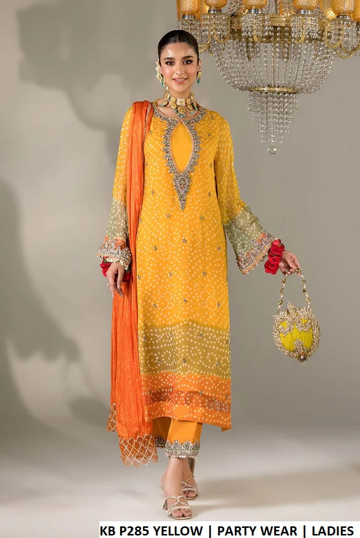 Yellow chiffon chunnari Pakistani women's hand embroidered luxury shirt back view