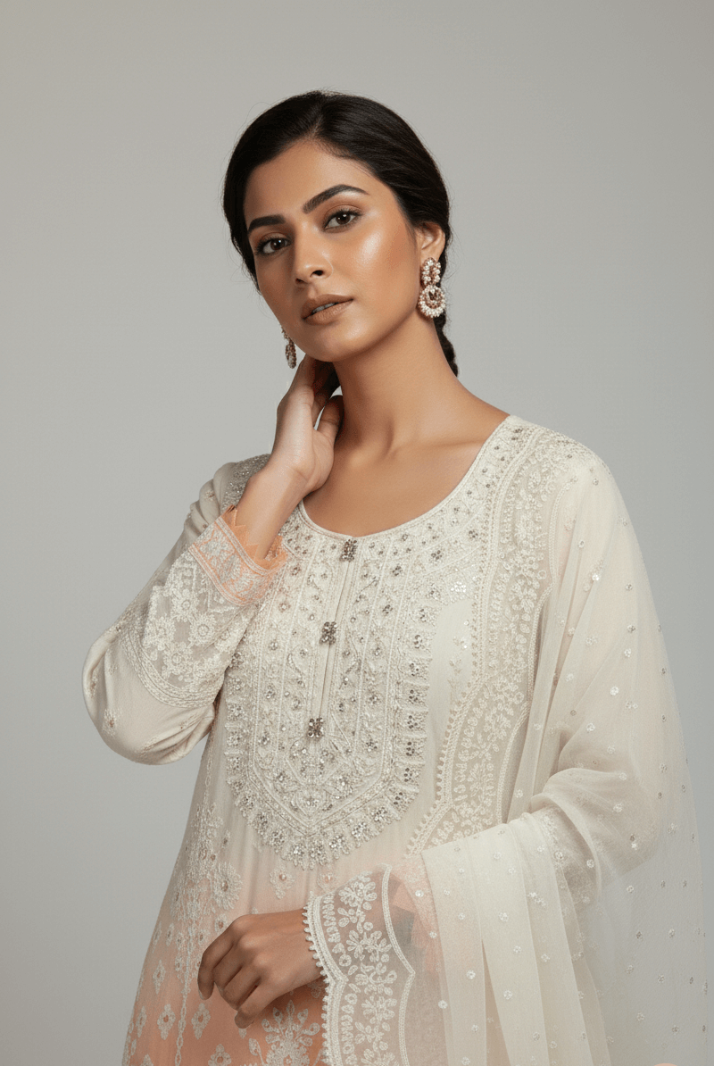 Off white chiffon Pakistani women's shirt with garara side view
