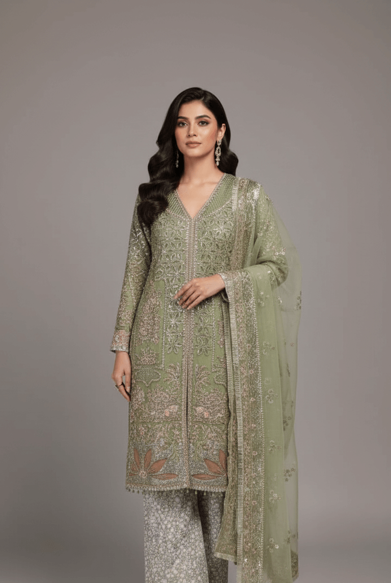 Organza open shirt pista green - Pakistani women's formal party wear with grip trouser and organza dupatta front view