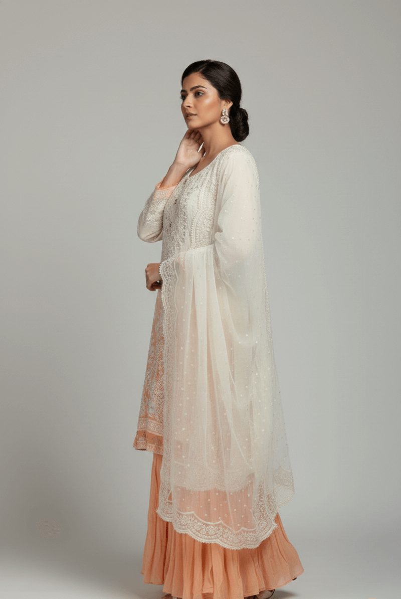 Pakistani women's off white chiffon shirt garara back view