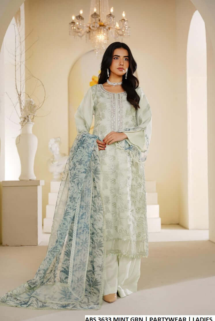 Organza straight shirt plazo mint green - Pakistani women's formal party wear with grip plazo and organza dupatta front view