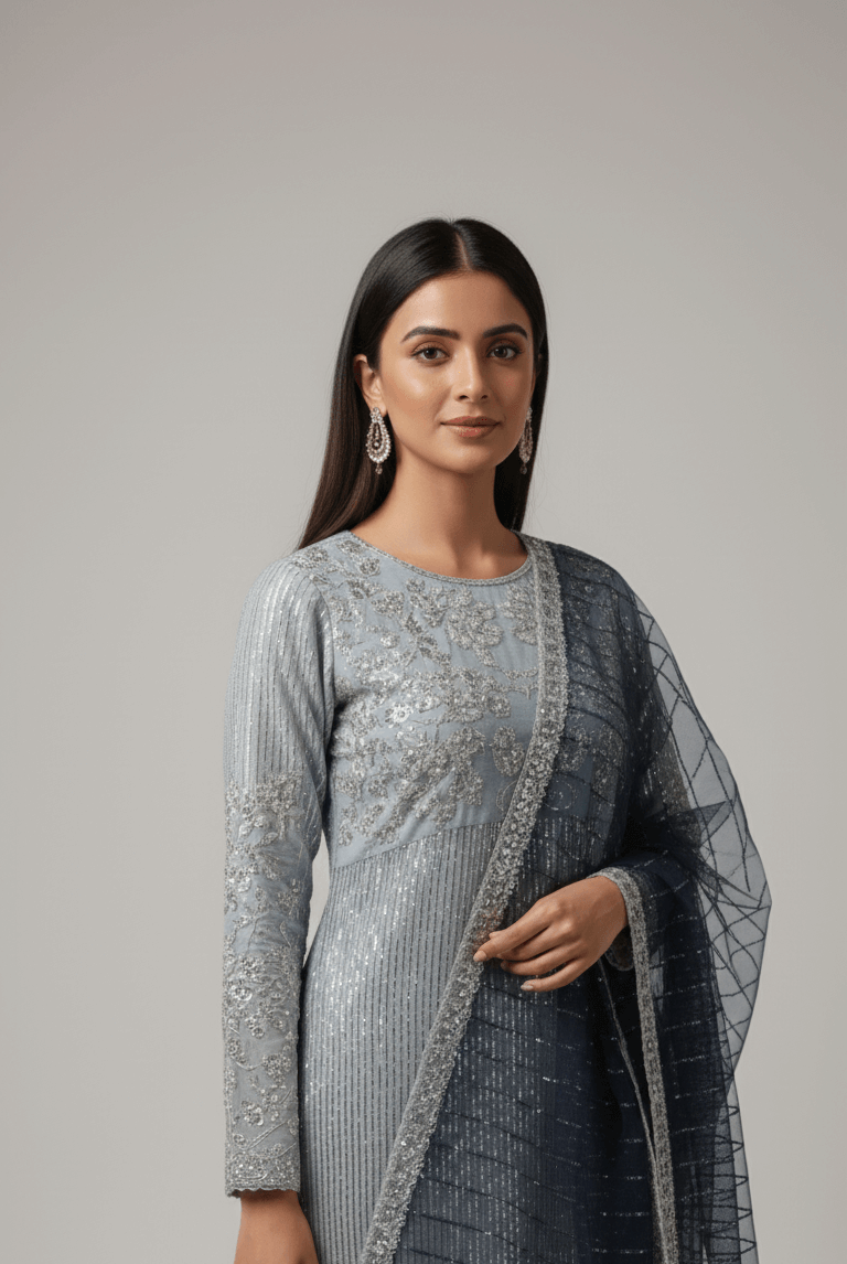 Light grey chiffon Pakistani women's straight shirt with plazo side view