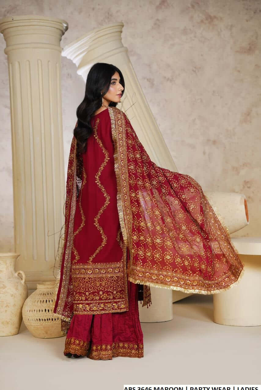 Pakistani women's maroon chiffon A-Line shirt sharara detail view