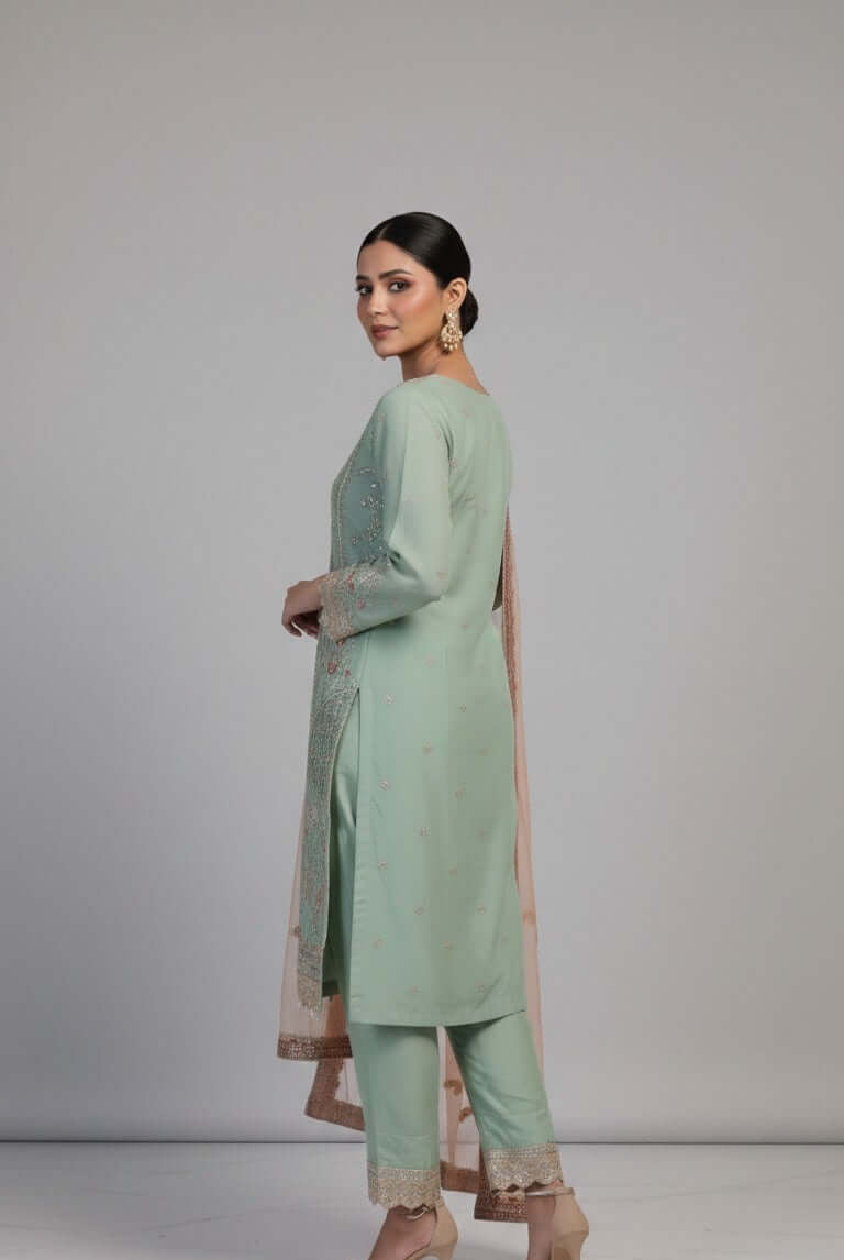 Pakistani women's light green chiffon straight shirt back view