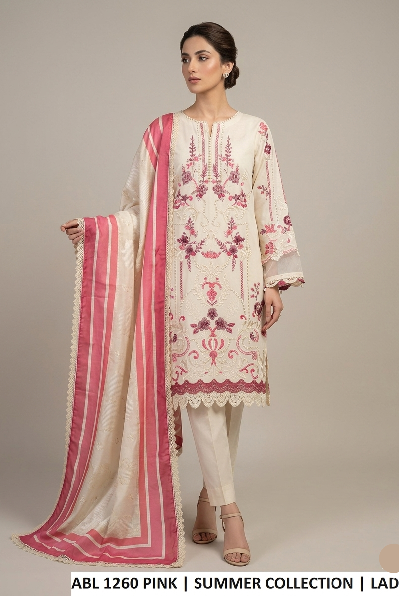 Cotton straight shirt off white pink - Pakistani women's casual outfit with organza karandi dupatta front view