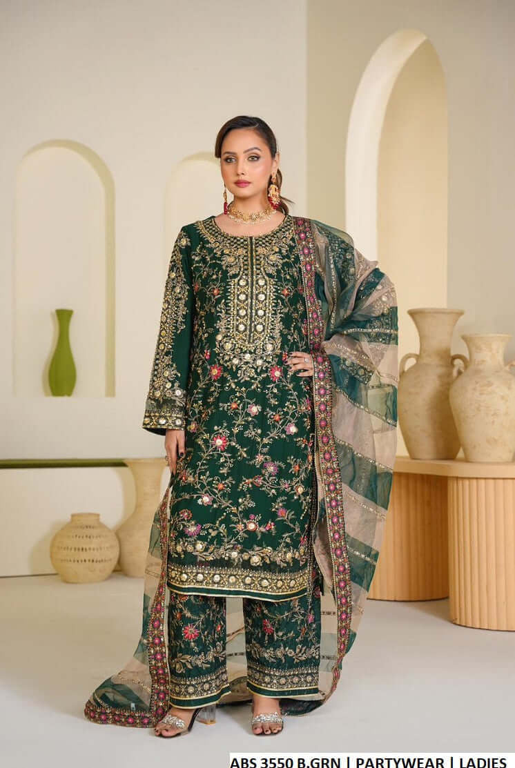 Chiffon straight shirt bottle green - Pakistani women's formal party wear with viscose trouser and organza dupatta front view