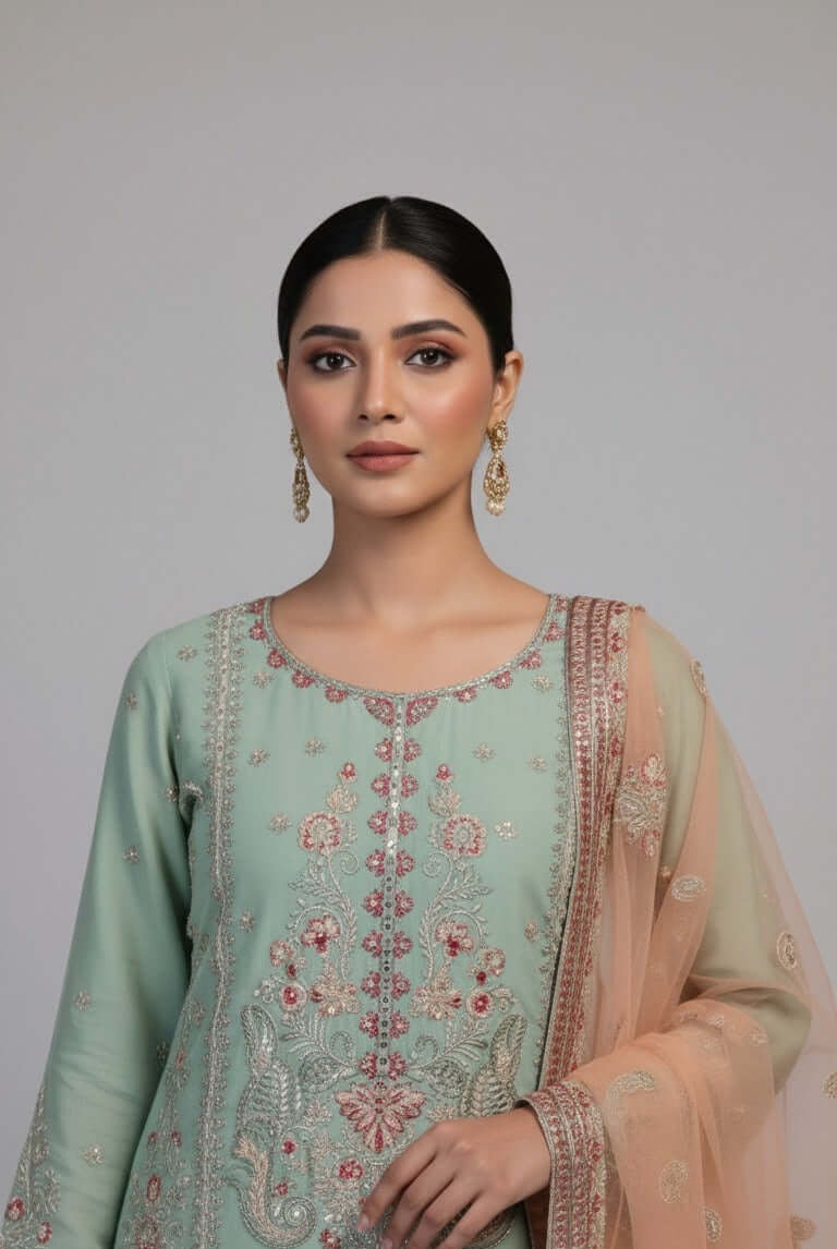 Light green chiffon Pakistani women's straight shirt side view
