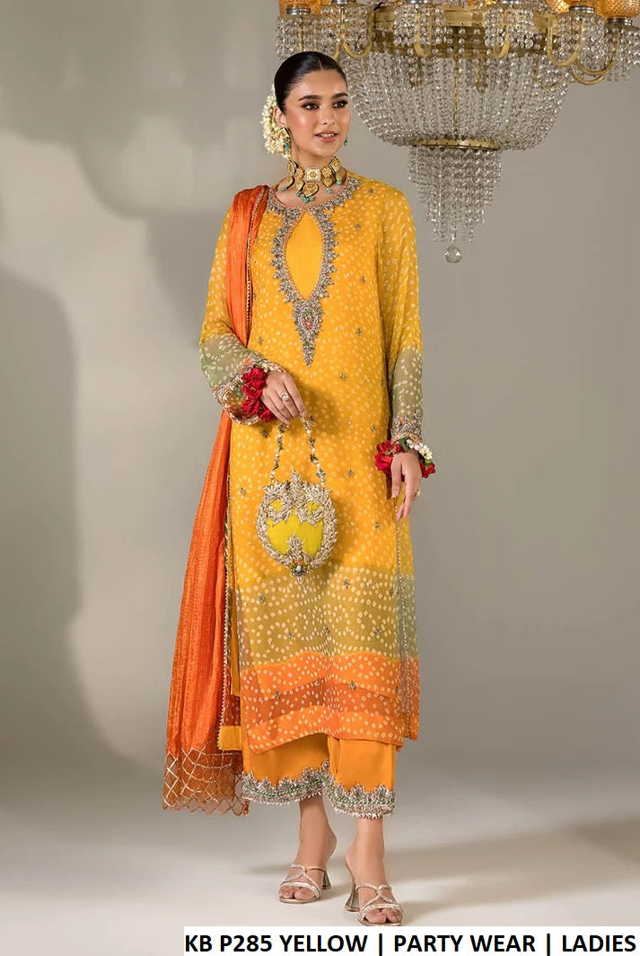 Chiffon chunnari hand embroidered shirt yellow - Pakistani women's traditional luxury party wear with silk dupatta front view