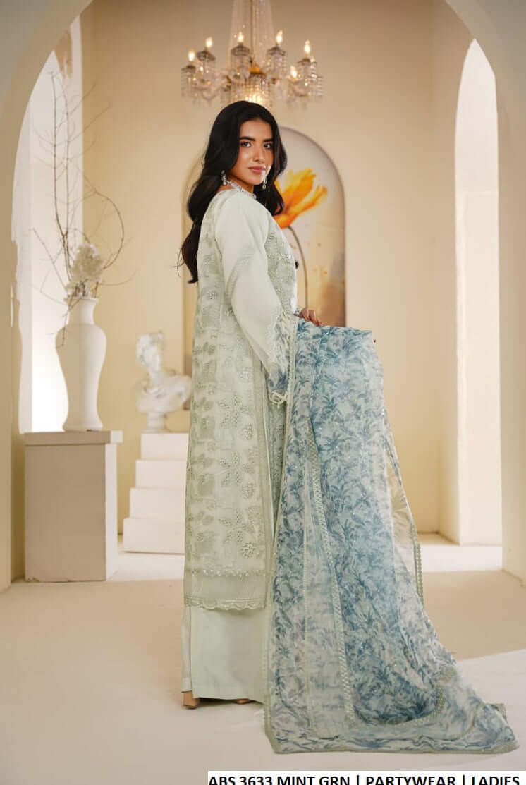 Pakistani women's mint green organza straight shirt plazo back view