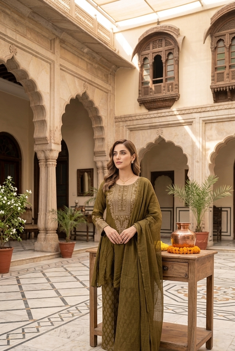 Chiffon short frock mehendi green - Pakistani women's casual party wear with viscose trouser and chiffon dupatta front view