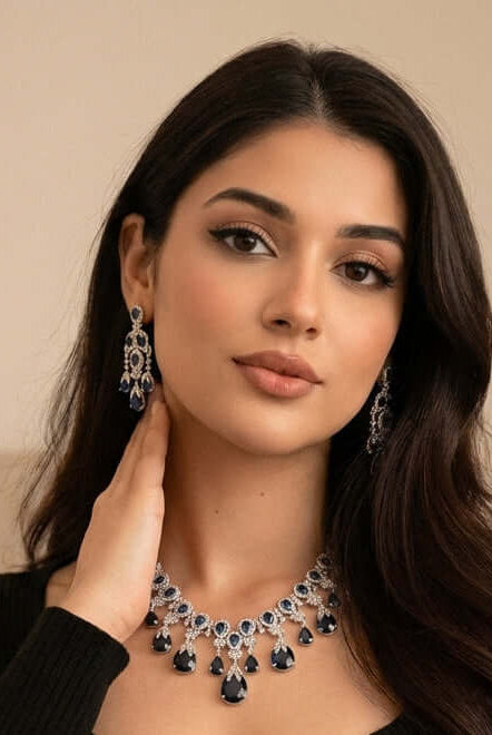 Midnight blue drop necklace set - Pakistani women's luxury formal jewelry with deep blue stones and crystal drops front view