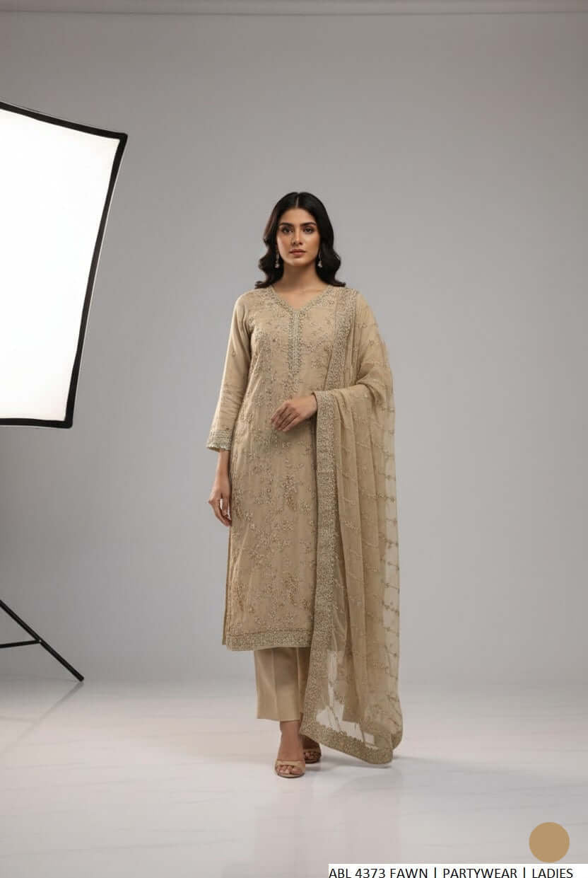Silk straight shirt fawn - Pakistani women's formal party wear with silk trouser and chiffon dupatta front view