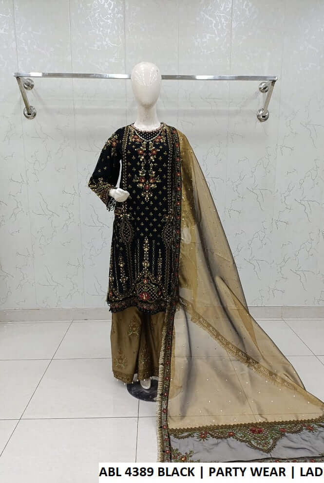 Chiffon shirt plazo ABL 4389 BLACK - Pakistani women's elegant party wear with viscose plazo and organza dupatta front view