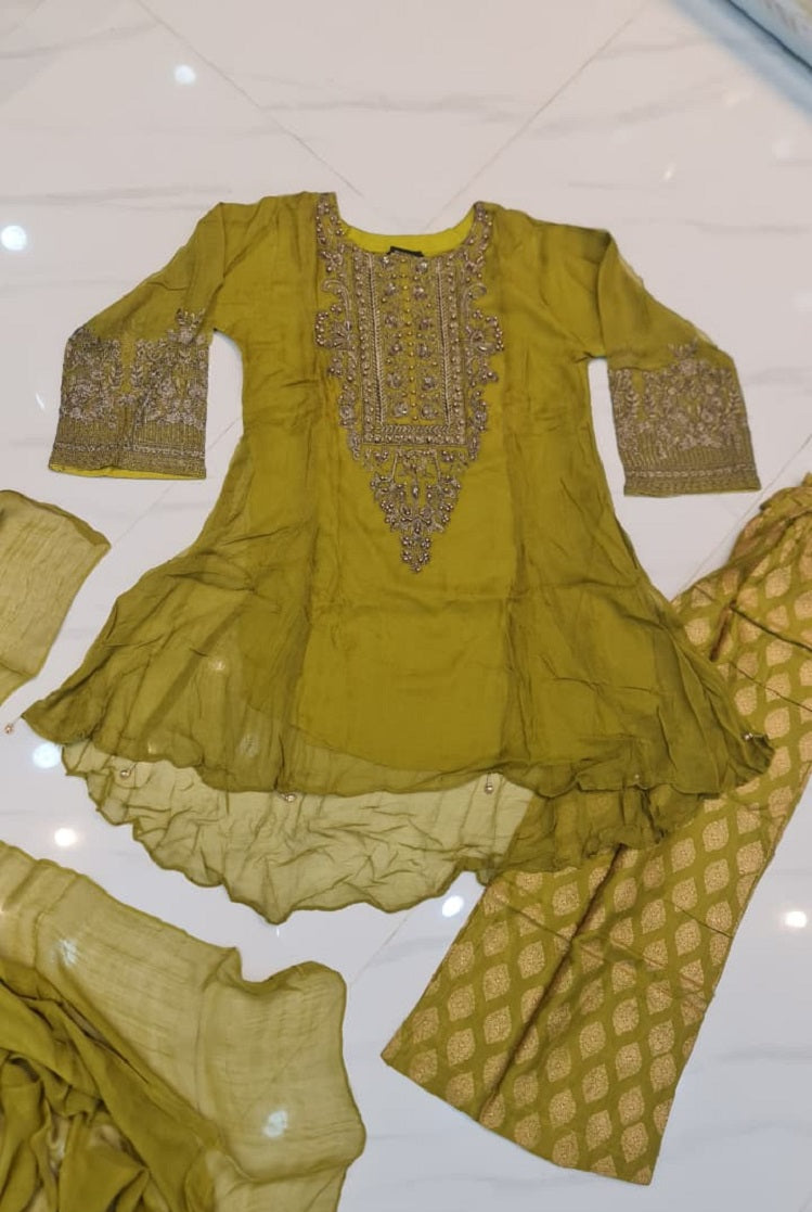 Pakistani women's mehendi green chiffon short frock back view